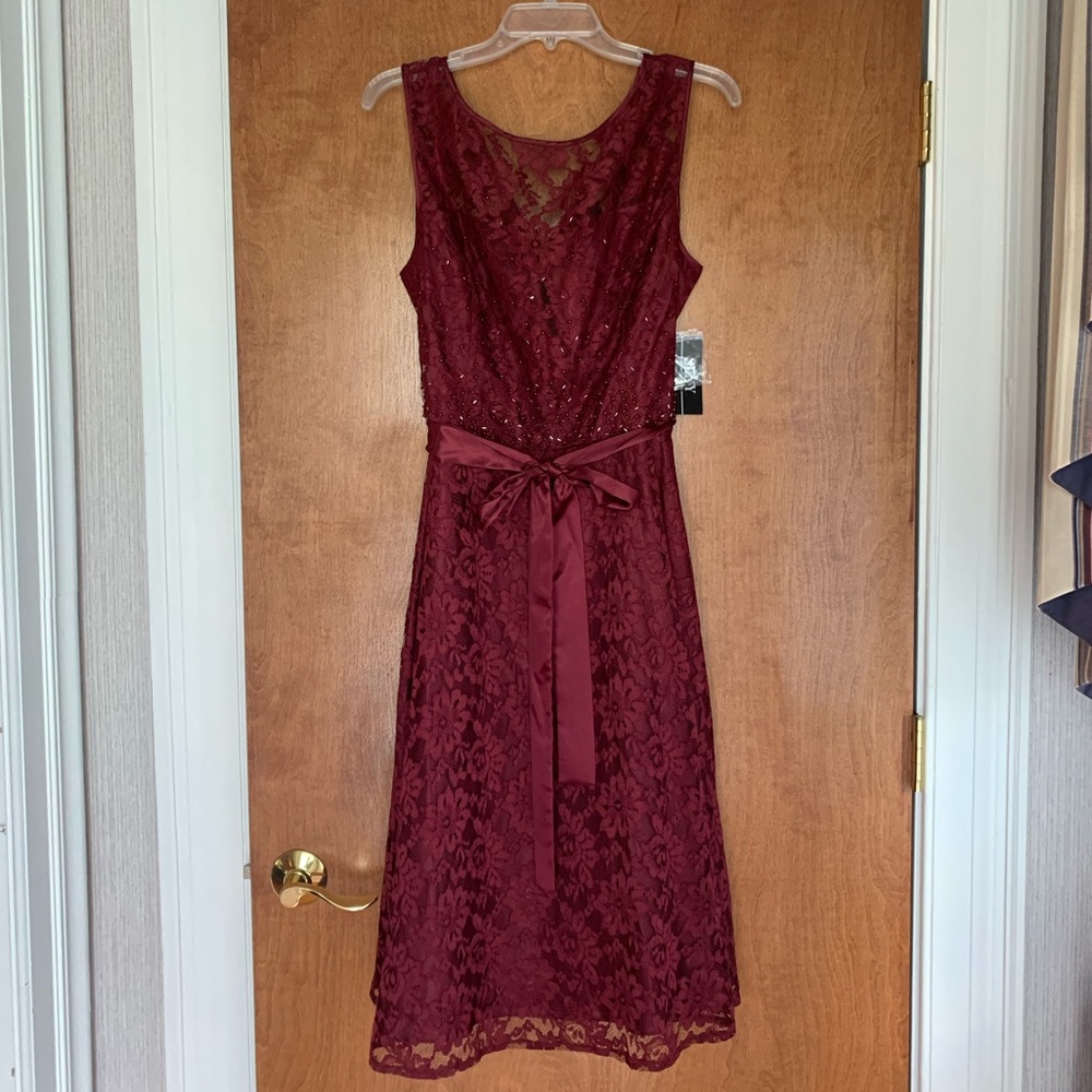 SLNY Burgundy Lace Dress with Beaded detail
